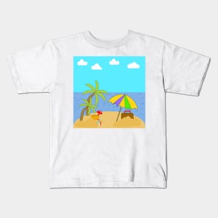 A vacation on a beach with palm trees, Ocean, sky and clouds with Umbrella, suitcase and beach toys. Kids T-Shirt